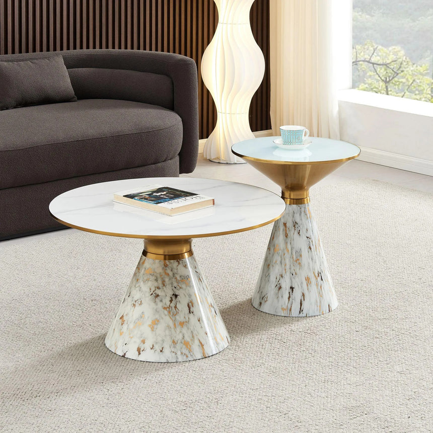 Ferguson White Ceramic Round Side Table with White and Gold Trim