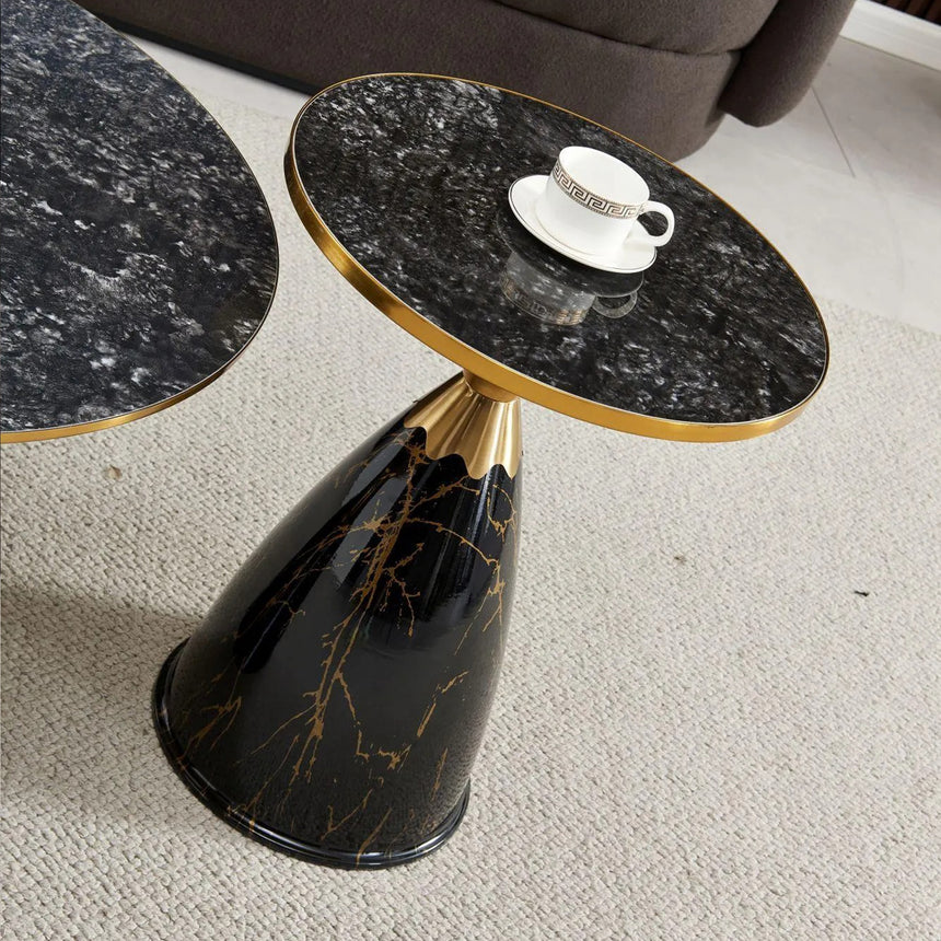 Horton Hourglass Grey Ceramic Round Side Table with Black Base and Gold Trim