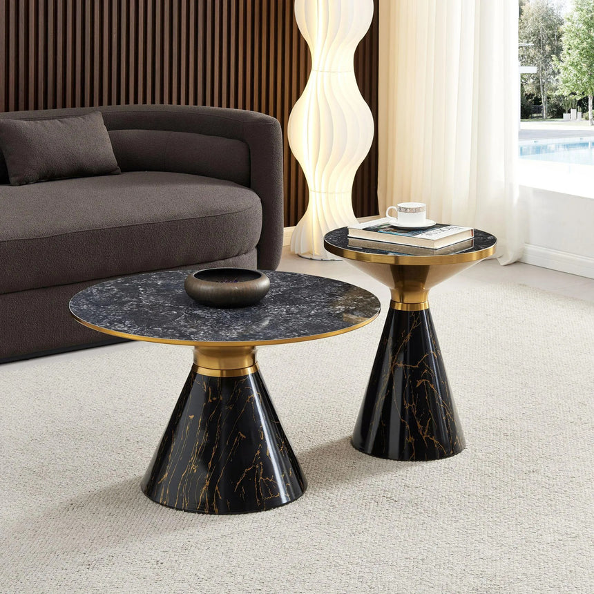 Ferguson Black Ceramic Round Coffee Table with Gold Trim