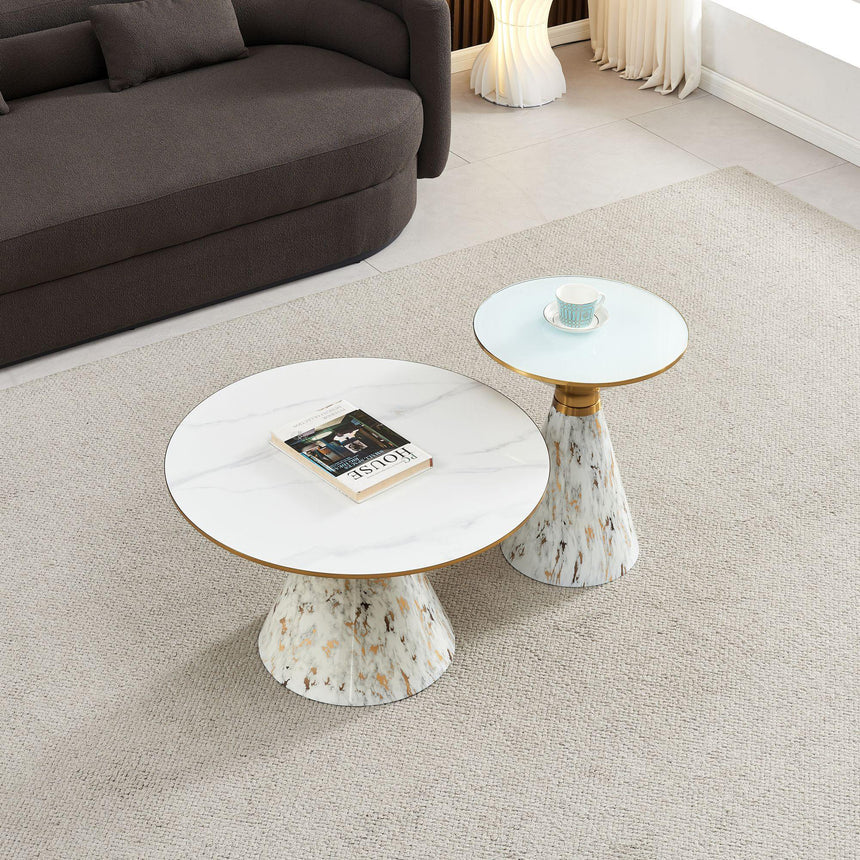 Ferguson White Ceramic Round Coffee Table with White and Gold Trim