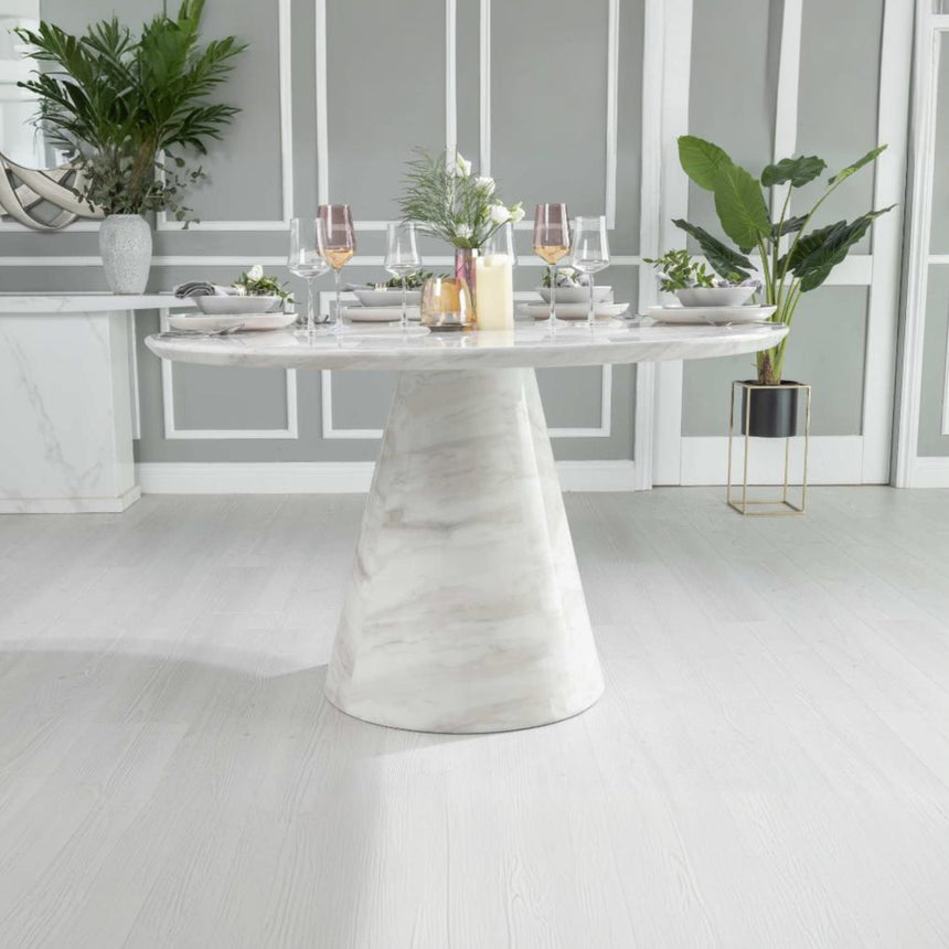 Cesena 130cm White Marble Round Dining Set - Grey Knockerback Chairs