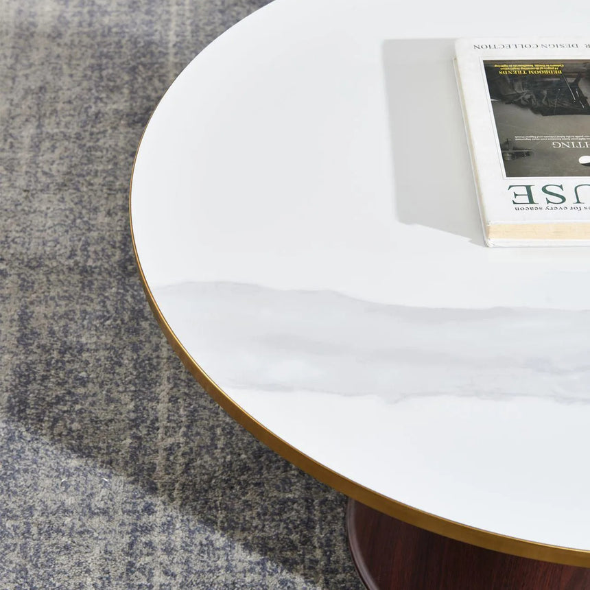 Horton Hourglass White Ceramic Round Coffee Table with Walnut Base and Gold Trim