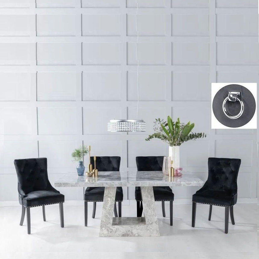 Loreto Grey Marble Dining Set - Black Fabric Knocker Back