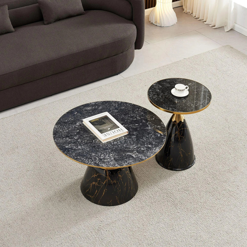 Horton Hourglass Grey Ceramic Round Coffee Table with Black Base and Gold Trim