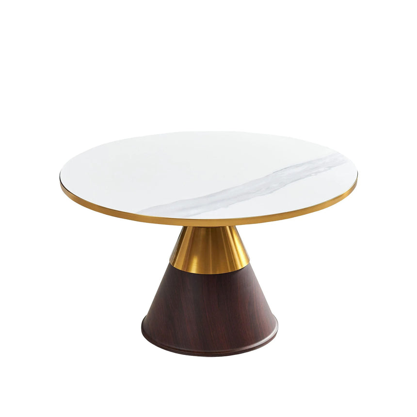 Horton Hourglass White Ceramic Round Coffee Table with Walnut Base and Gold Trim