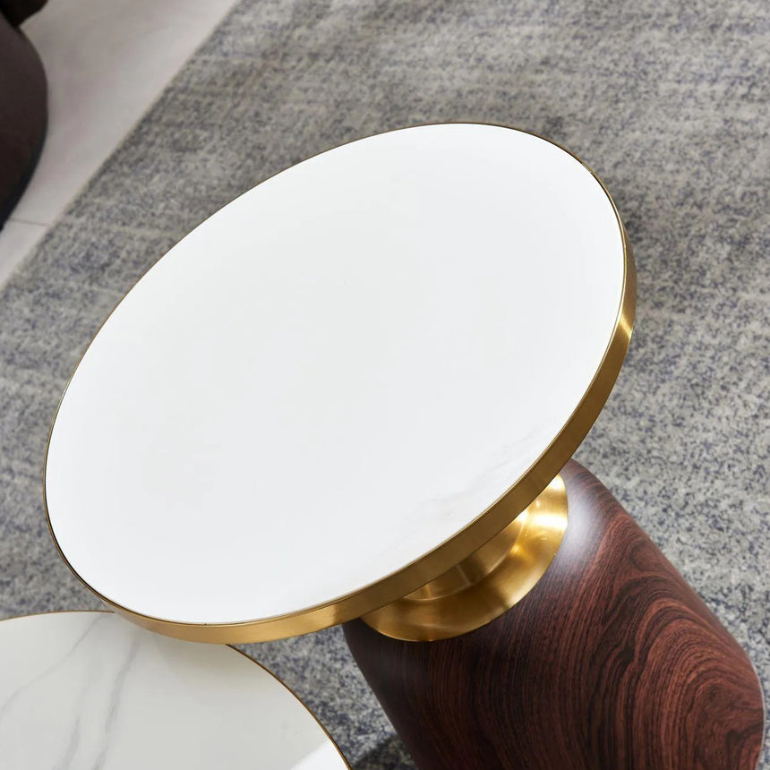 Horton Hourglass White Ceramic Round Side Table with Walnut Base and Gold Trim