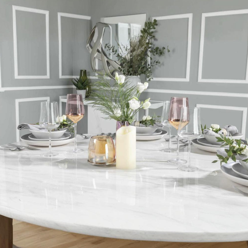 Cesena 130cm White Marble Round Dining Set - Black Knockerback Chairs