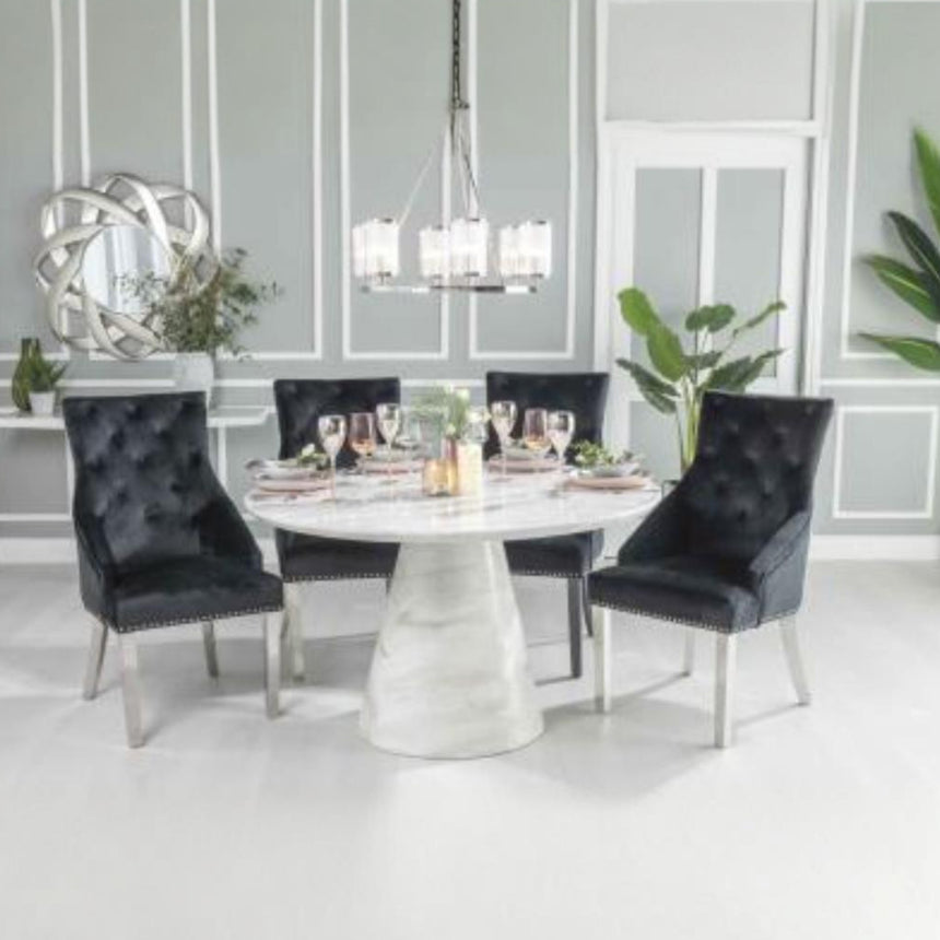 Cesena 130cm White Marble Round Dining Set - Black Knockerback Chairs