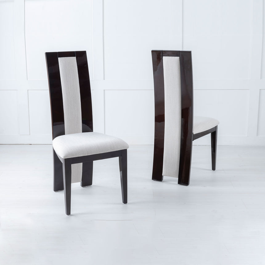 Set of 2 Adrano Walnut Dining Chair, Wooden High Gloss Back with Cream Seat Pads