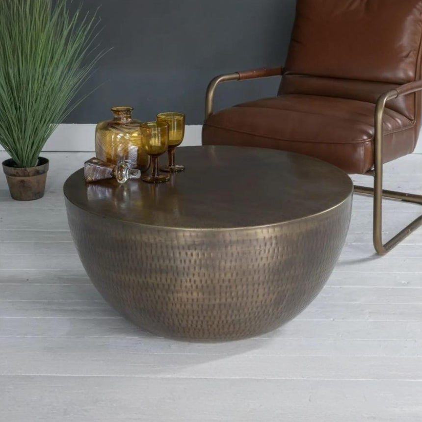 Aryan Hammered Antique Brass Coffee Table - Metal Round Base