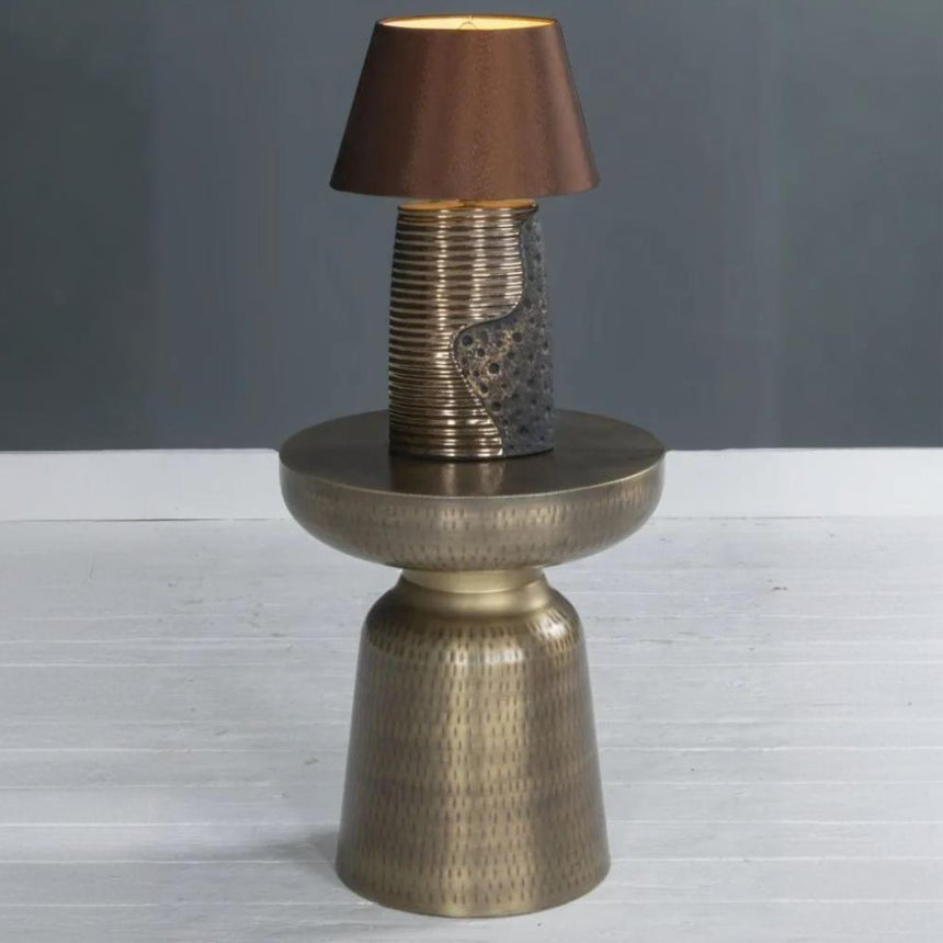 Aryan Hammered Antique Brass Side Table - Metal Cone Base