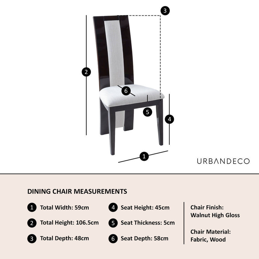 Set of 2 Adrano Walnut Dining Chair, Wooden High Gloss Back with Cream Seat Pads