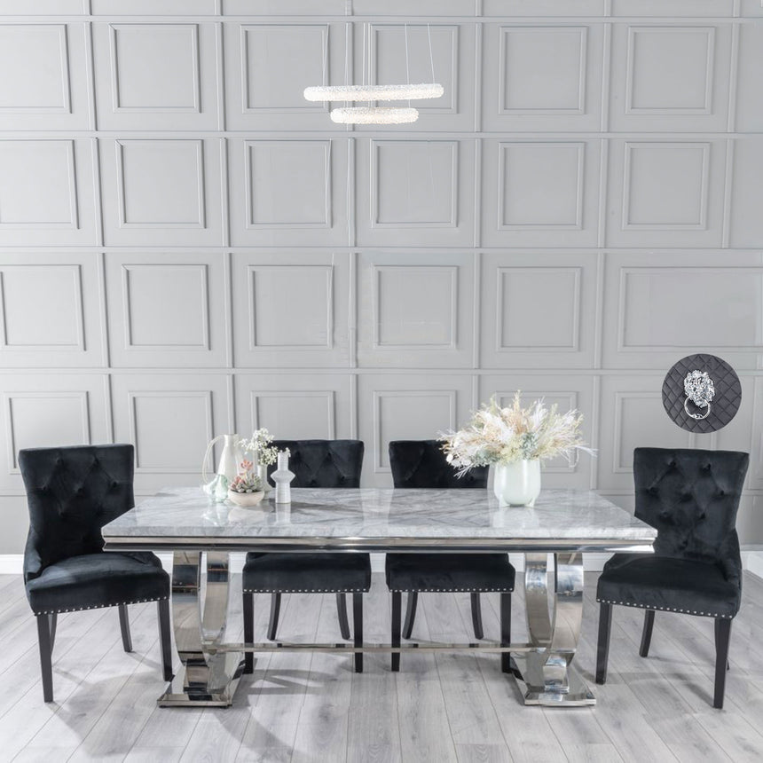 Sanremo Grey Marble and Chrome Dining Set - Black Fabric Lion Head Ring Back Chairs with Black Legs