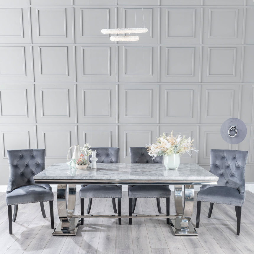 Sanremo Grey Marble and Chrome Dining Set - Grey Fabric Knocker Back Chairs with Black Legs