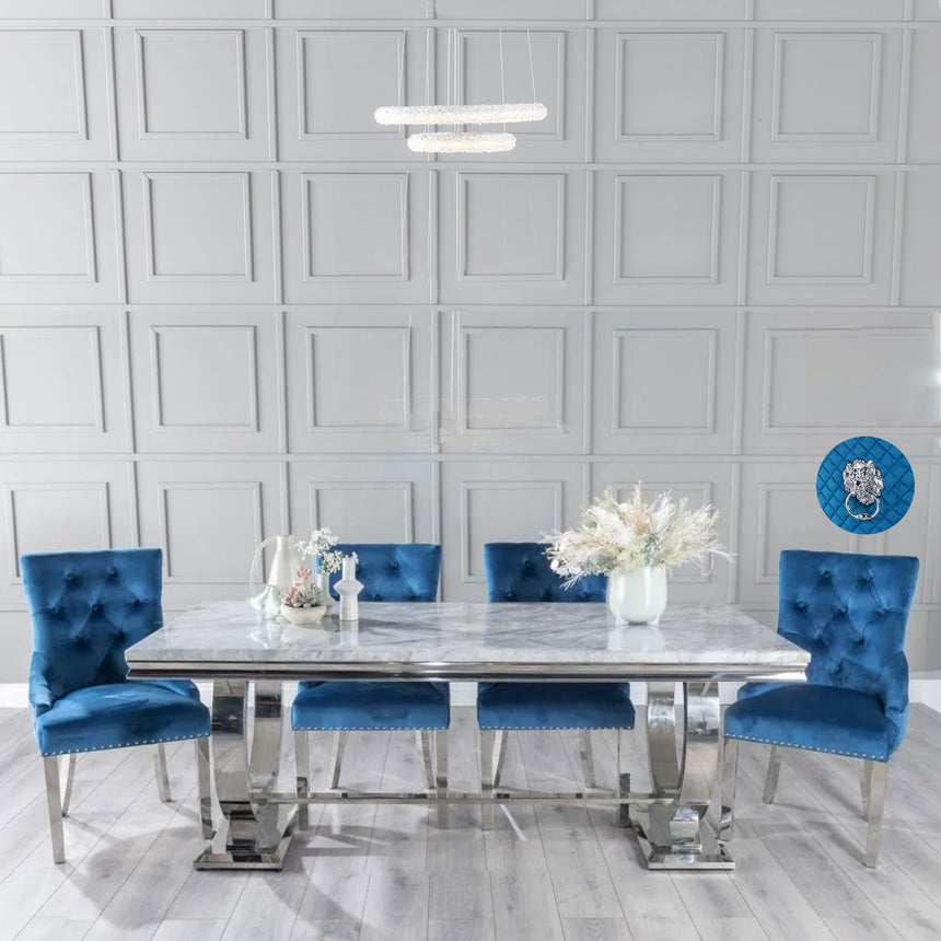 Sanremo Grey Marble and Chrome Dining Set - Blue Fabric Lion Head Ring Back Chairs with Chrome Legs