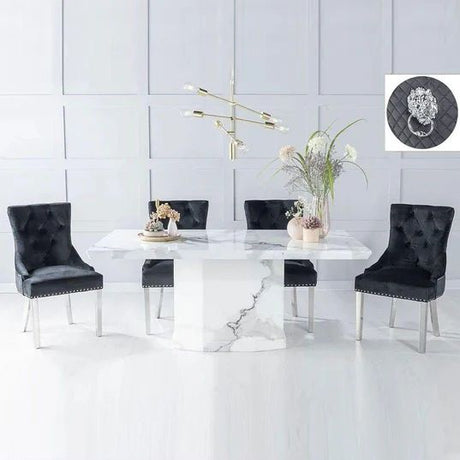 Turin White Marble Dining set - Fabric Lion Head Ring Back Chairs with Chrome Legs