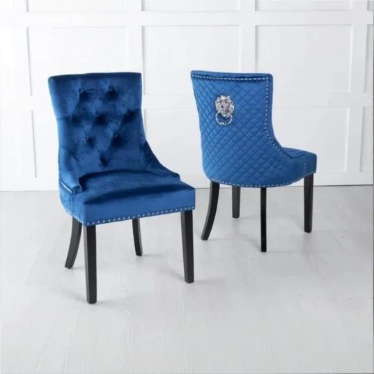 Set of 2 Lion Knocker Back Velvet Fabric Dining Chair with Black Wooden Legs