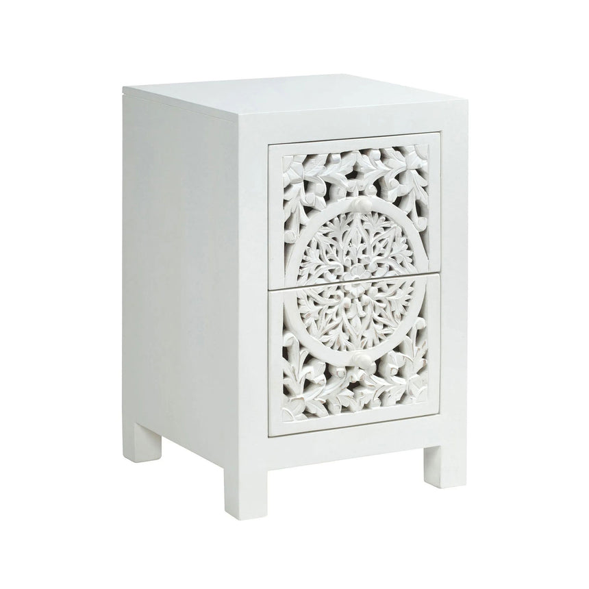 Avezzano White Carved Bedside Cabinet - 2 Drawers