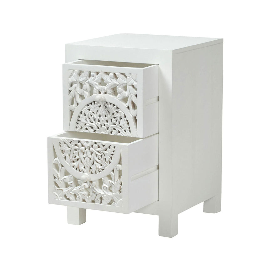 Avezzano White Carved Bedside Cabinet - 2 Drawers