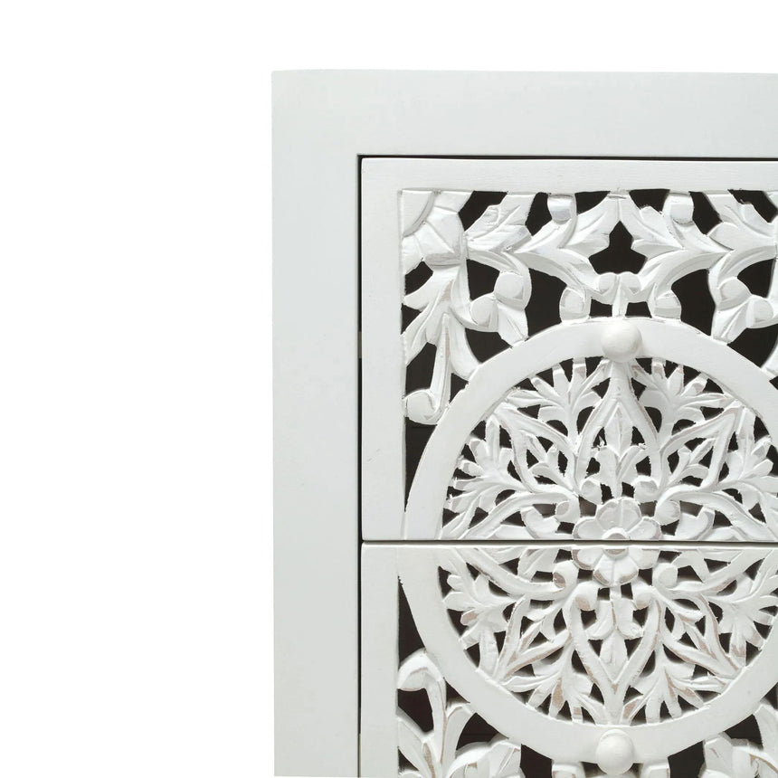 Avezzano White Carved Bedside Cabinet - 2 Drawers