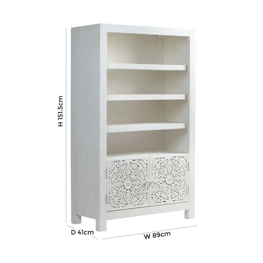 Avezzano White Carved Wooden Bookcase - 2 Doors