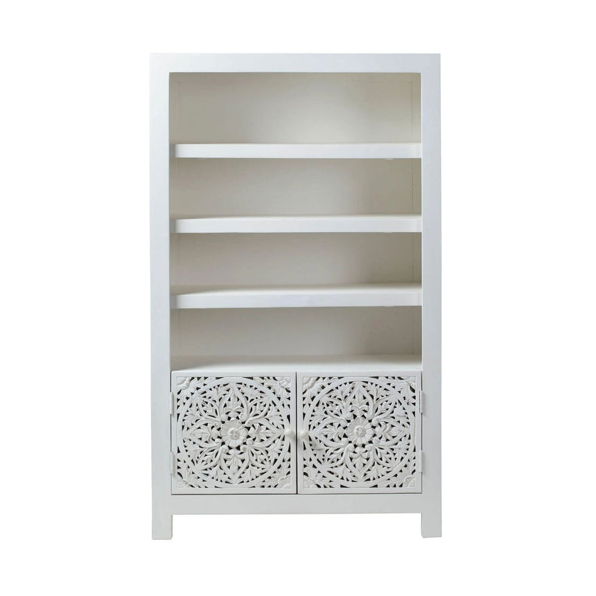 Avezzano White Carved Wooden Bookcase - 2 Doors