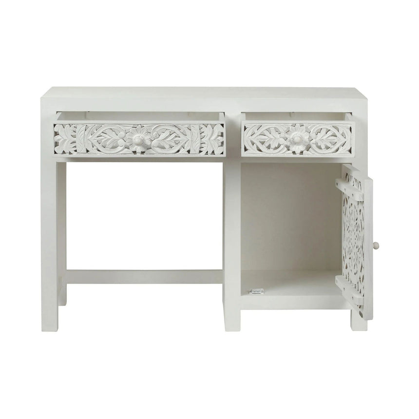 Avezzano White Washed Light Distressed Carved Mango Wood Desk - 1 Door 2 Drawers Single Pedestal