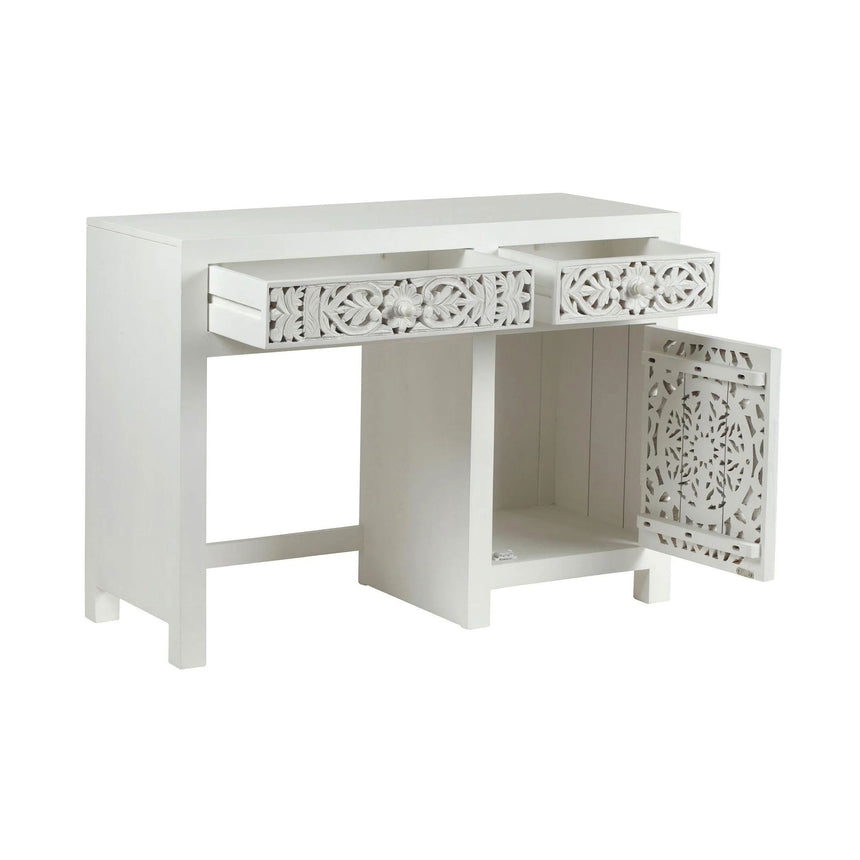 Avezzano White Washed Light Distressed Carved Mango Wood Desk - 1 Door 2 Drawers Single Pedestal