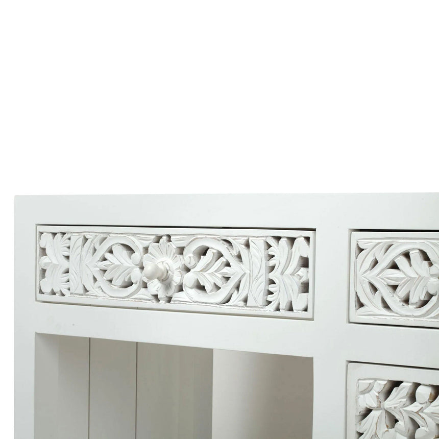 Avezzano White Washed Light Distressed Carved Mango Wood Desk - 1 Door 2 Drawers Single Pedestal