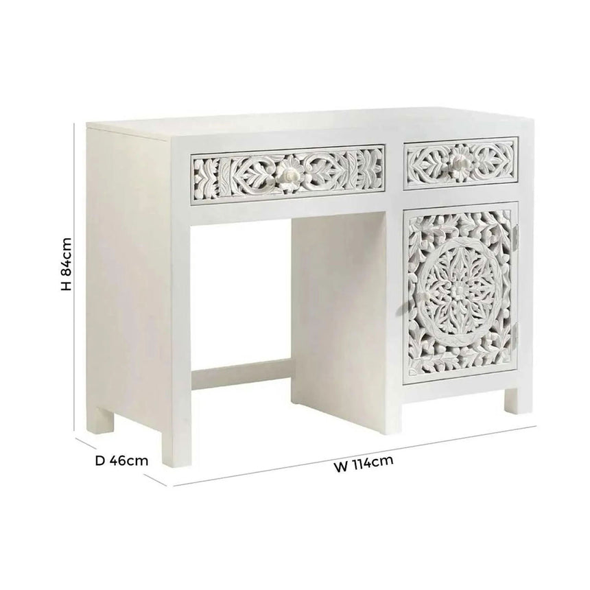 Avezzano White Washed Light Distressed Carved Mango Wood Desk - 1 Door 2 Drawers Single Pedestal