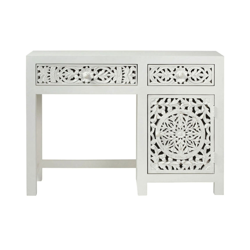 Avezzano White Washed Light Distressed Carved Mango Wood Desk - 1 Door 2 Drawers Single Pedestal