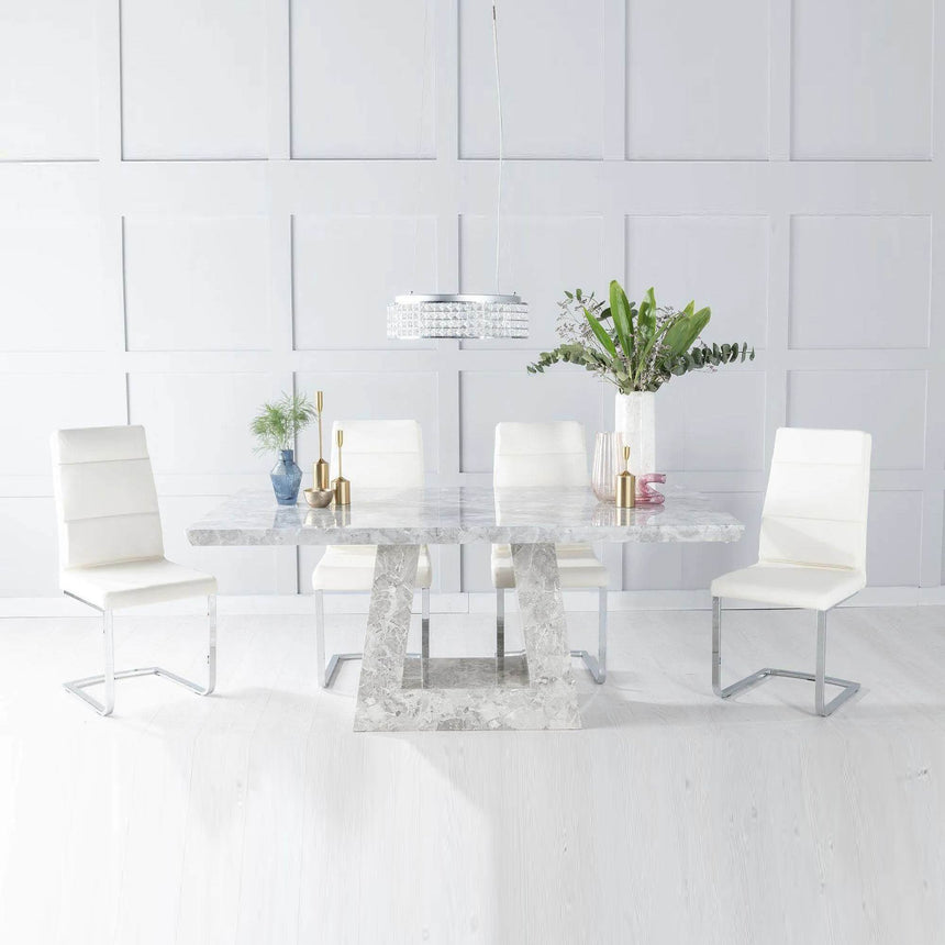 Loreto Marble Dining Table Set, Rectangular Grey Top and Triangular Pedestal Base with Catania Cream Faux Leather Chairs