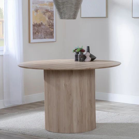 Emilia Fluted 4 Seater Oak Effect Round Dining Table with Drum Base - 120cm