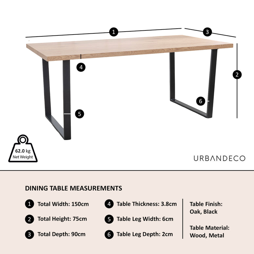 Latin 150cm Oak Effect Dining Table - 6 Seater