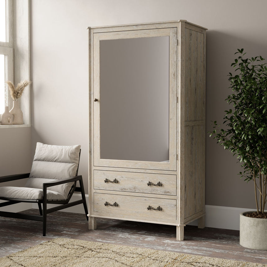 Varallo White Washed Combi Wardrobe - 1 Mirror Door