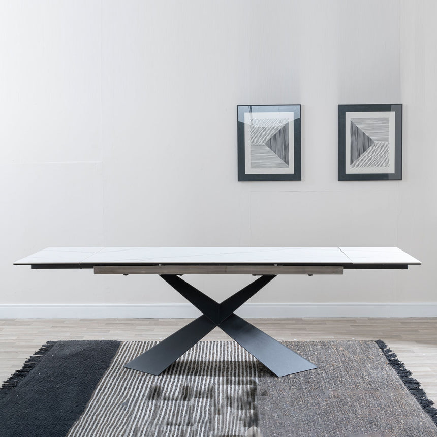 Grappa White Ceramic Extending Dining Table with Black Cross Base