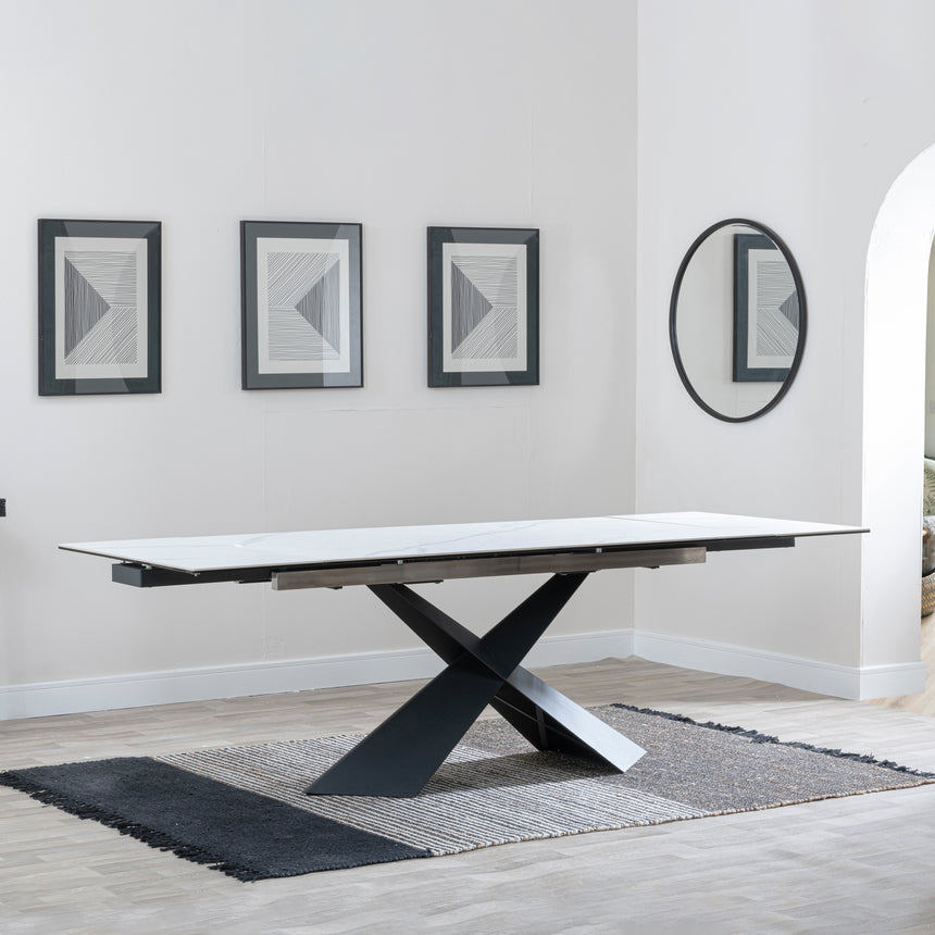 Grappa White Ceramic Extending Dining Table with Black Cross Base