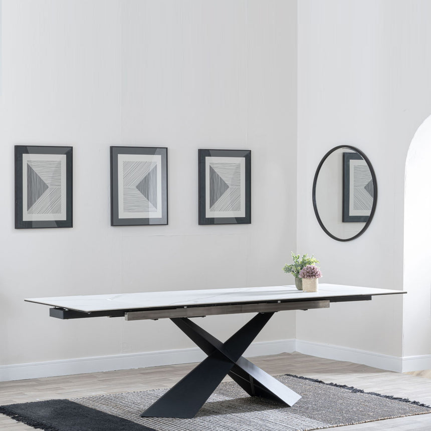 Grappa White Ceramic Extending Dining Table with Black Cross Base