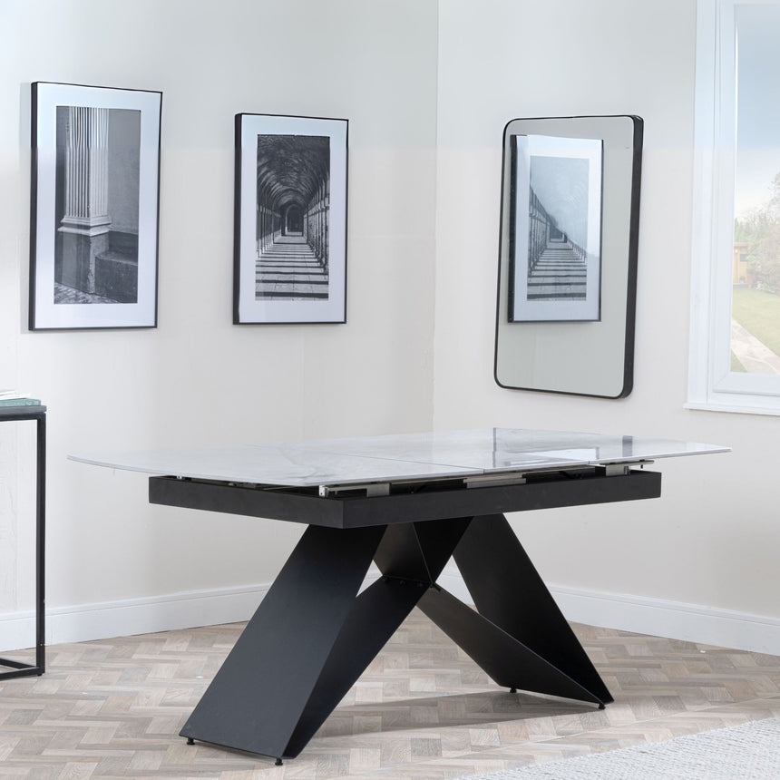 Wedge Grey Ceramic Extending Dining Table with Black Cross Base - 140cm-180cm