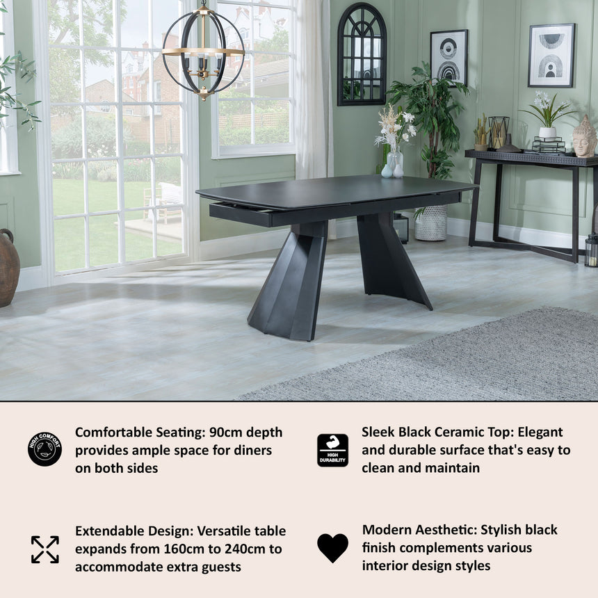 Garda Black Ceramic Extending Dining Table - 160cm-240cm