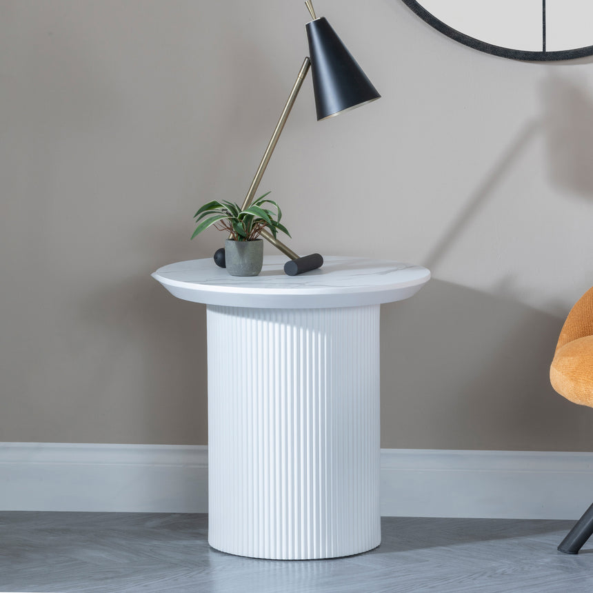 Pavia White Marble Effect Round Lamp Table - Fluted Base