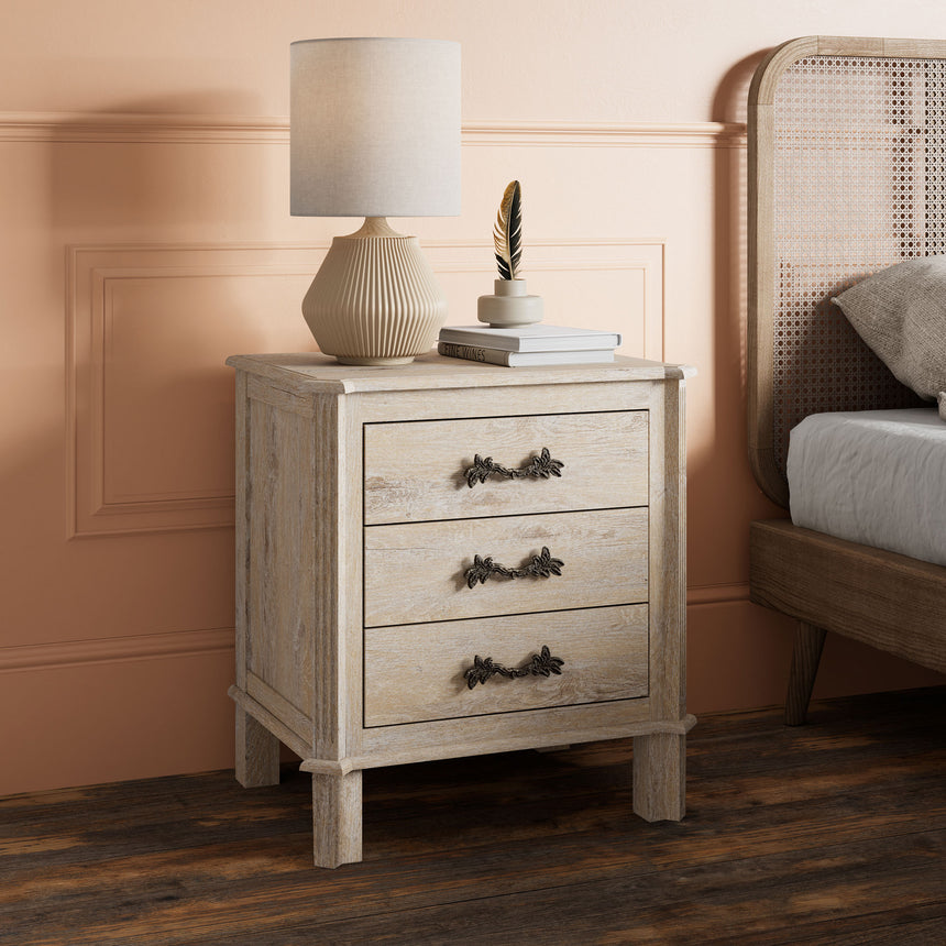 Varallo White Washed Wooden 3 Drawer Bedside Cabinet