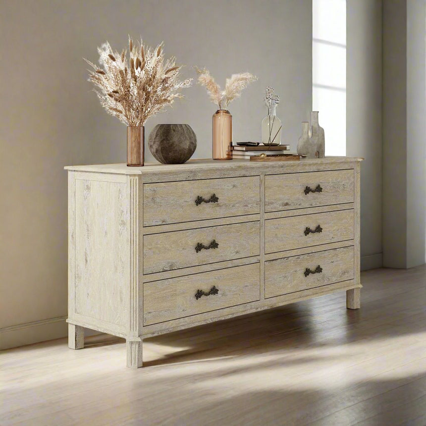 Varallo White Washed 6 Drawer Wide Chest