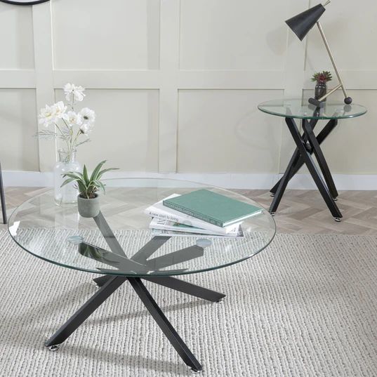 Ravenna Glass Round Coffee Table with Black Metal Chopstick Legs