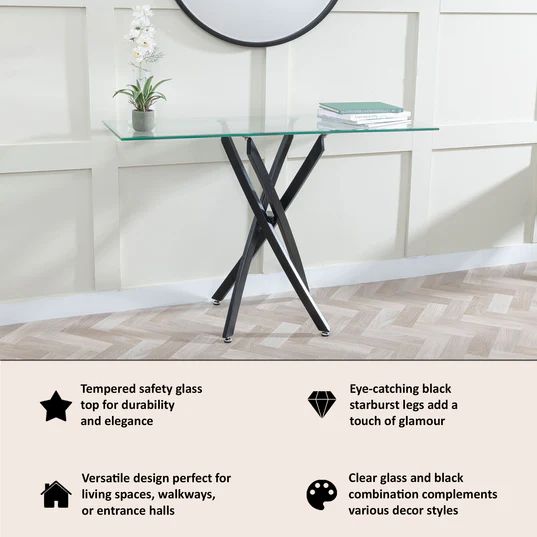 Ravenna Glass Console Table with Black Metal Chopstick Legs