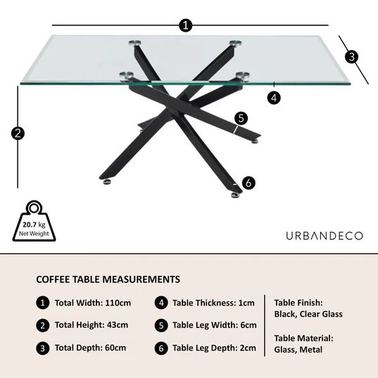 Ravenna Glass Coffee Table with Black Metal Chopstick Legs