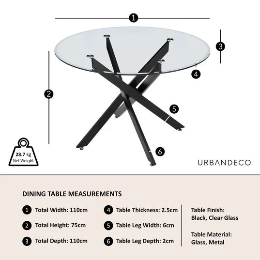 Ravenna Glass 4 Seater Round Dining Table with Black Metal Chopstick Legs