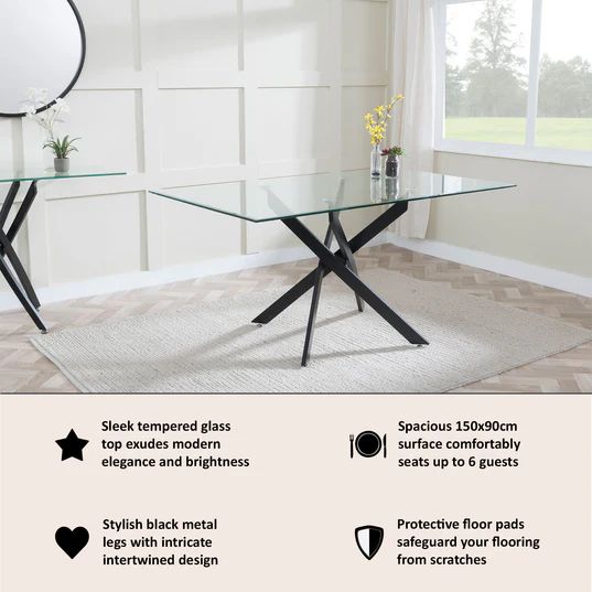 Ravenna Glass 6 Seater Dining Table with Black Metal Chopstick Legs