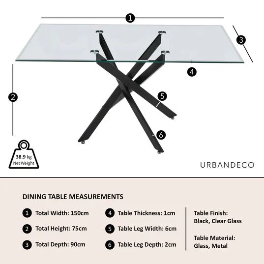 Ravenna Glass 6 Seater Dining Table with Black Metal Chopstick Legs