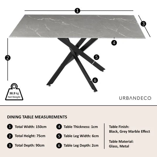 Ravenna Glass 6 Seater Dining Table with Black Metal Chopstick Legs